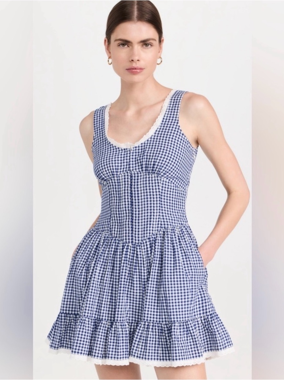LoveshackFancy Blue Gingham Tiered Sundress with Lace Trim